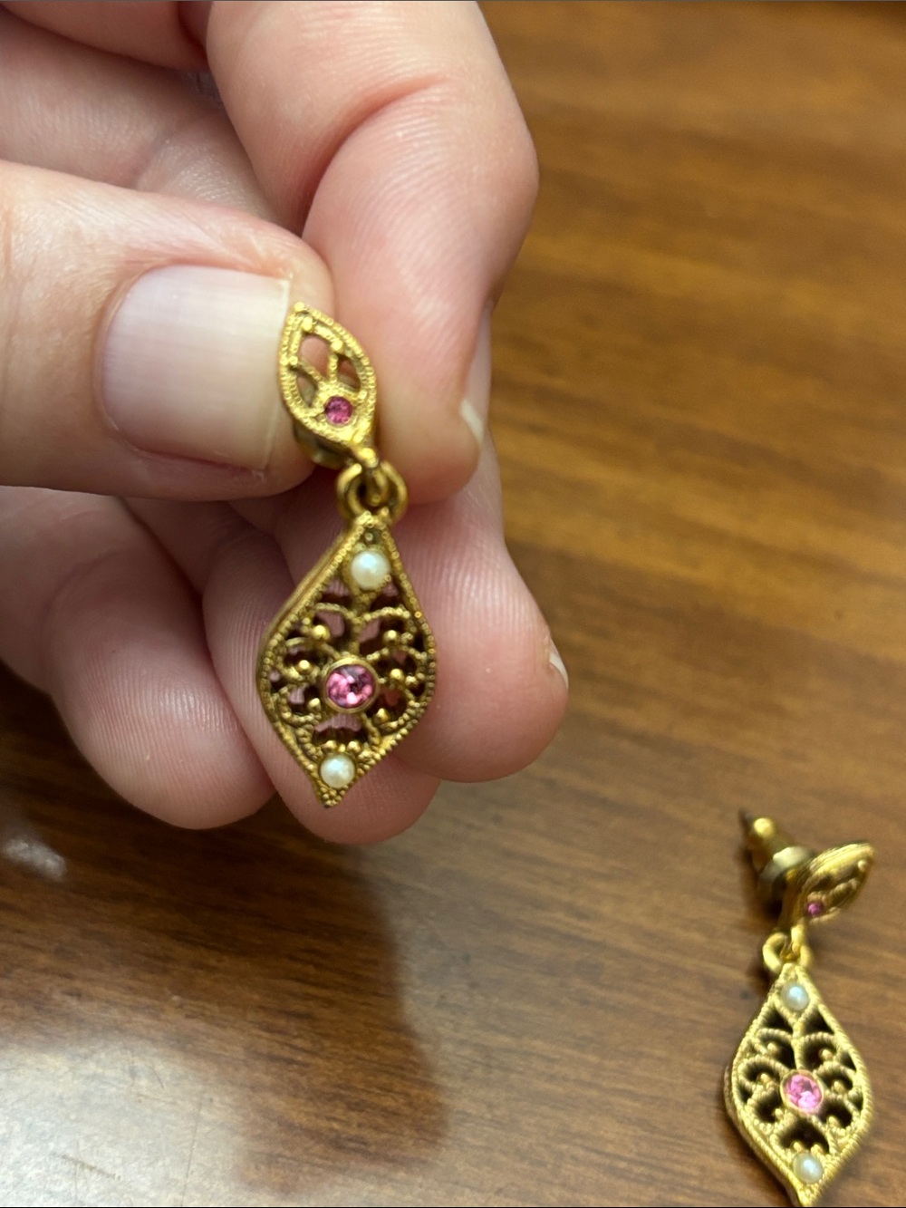 1928 Gold-Tone Filigree Drop Earrings with Pink Stones and Pearls